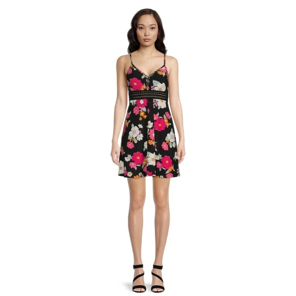 Floral Black Dress with Pink and Orange Accents